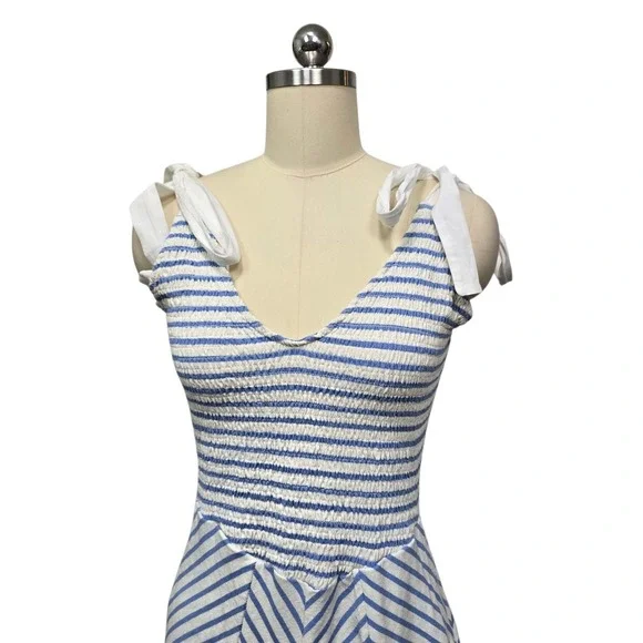 Free People Striped Smocked Midi Dress Blue White Tie Shoulder Women's M - Picture 10 of 12